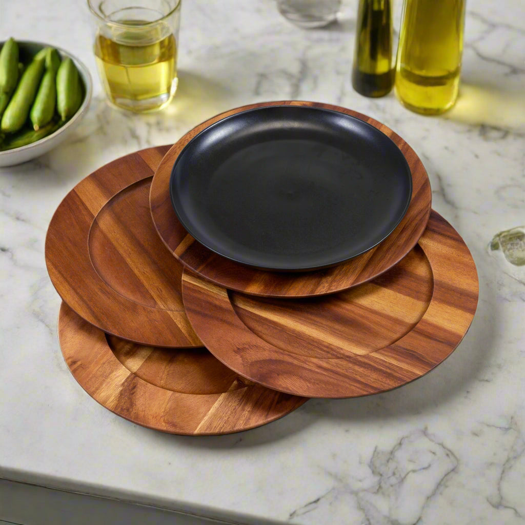 Set of 4 Market Street Acacia Wood Chargers by Corelle, cheapest Wood Plates, Place Setting