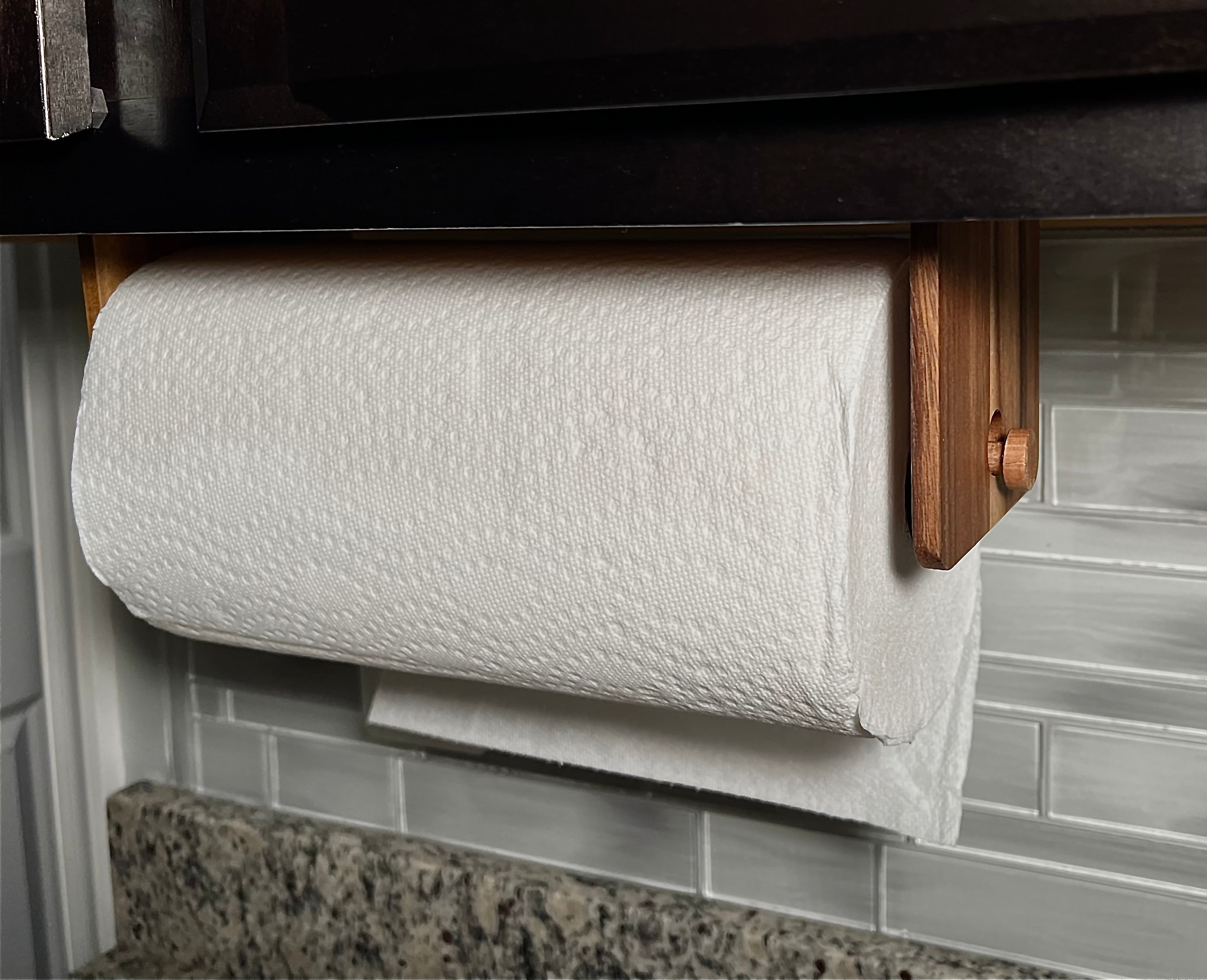 Wooden paper towel holder under online cabinet