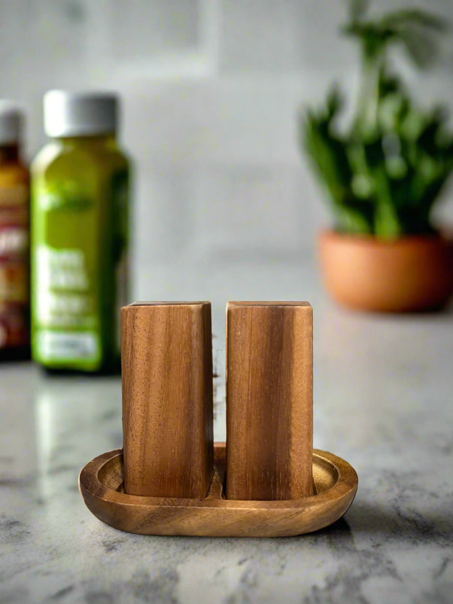 Salt & Pepper Shakers on an Acacia Wood Base