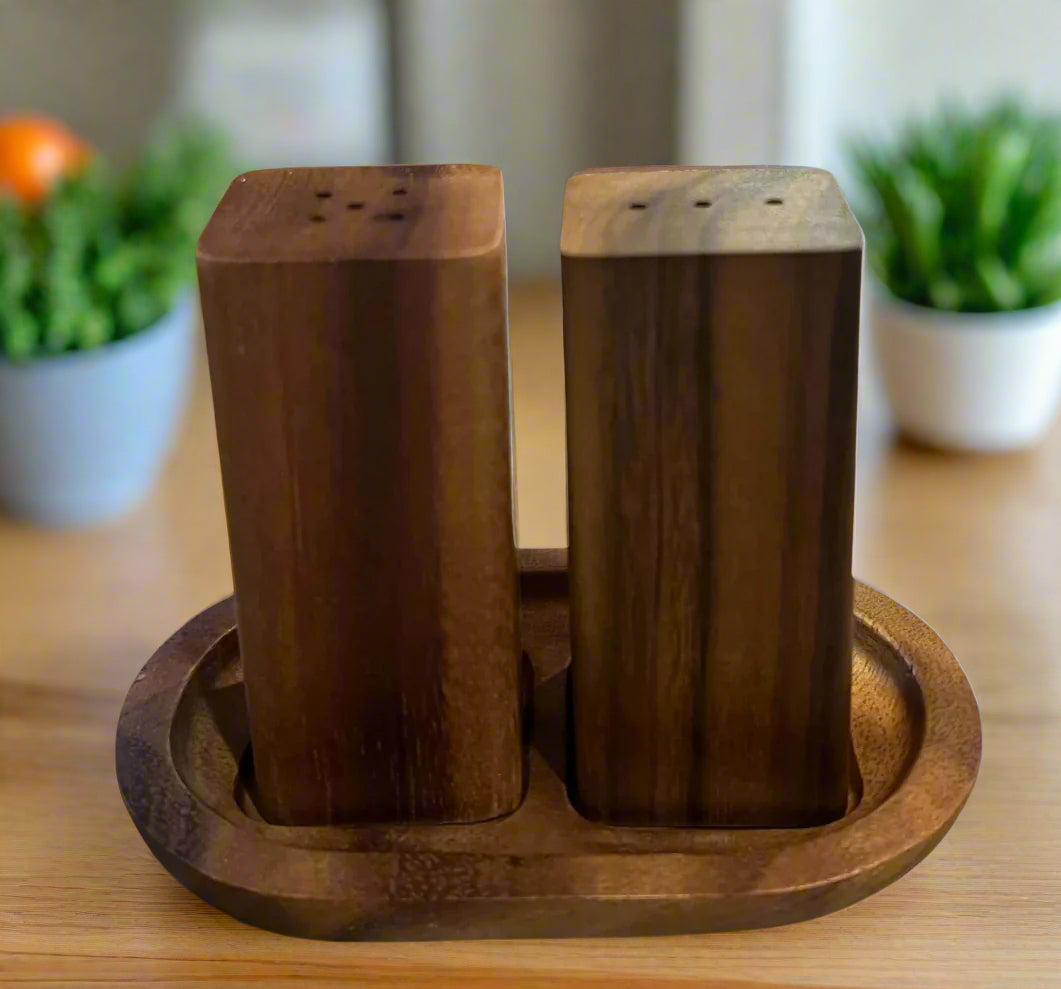 Salt & Pepper Shakers on an Acacia Wood Base