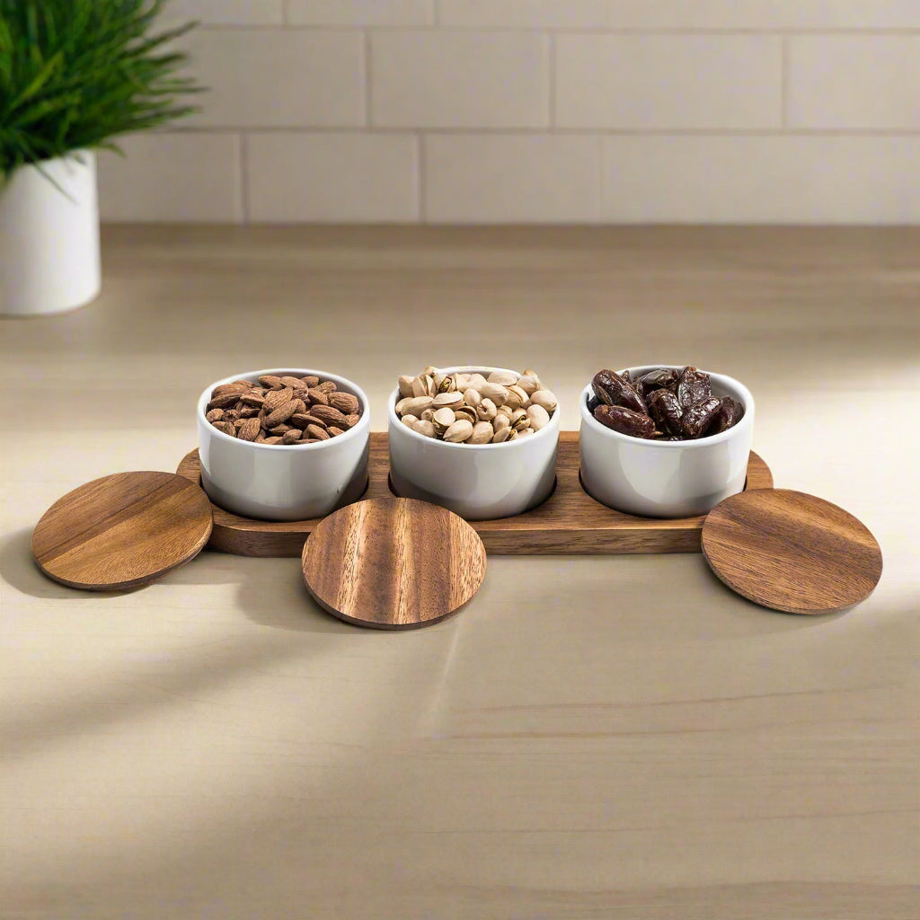 Ceramic Condiment Set on Acacia Wood Base