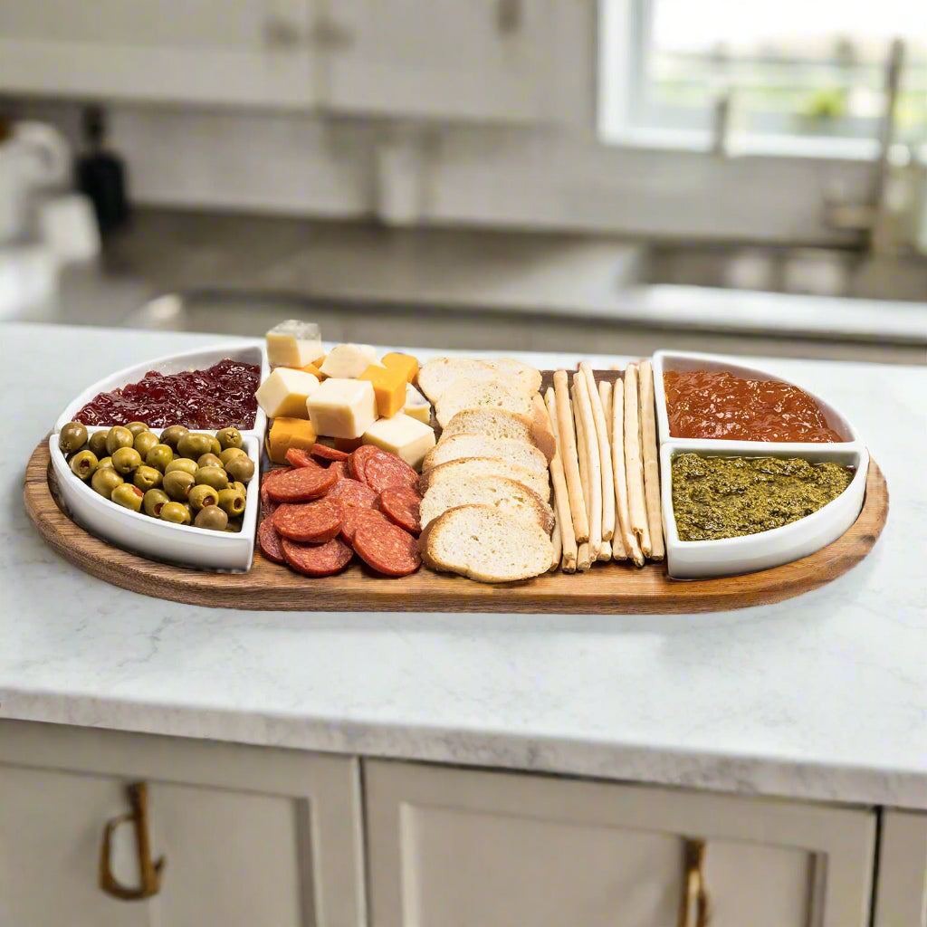 Charcuterie / Serving Tray w/ 4 Triangular Ceramic Bowls